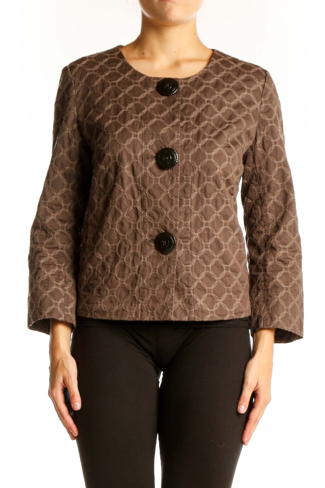 Brown Geometric Pattern Quilted Jacket Front