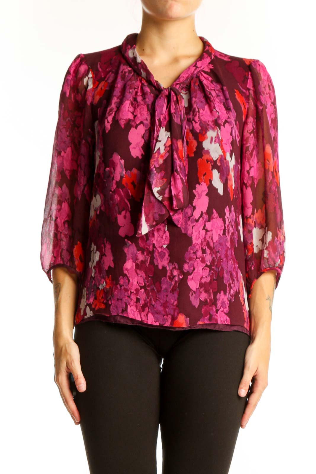 Pink Floral Silk Blouse Front