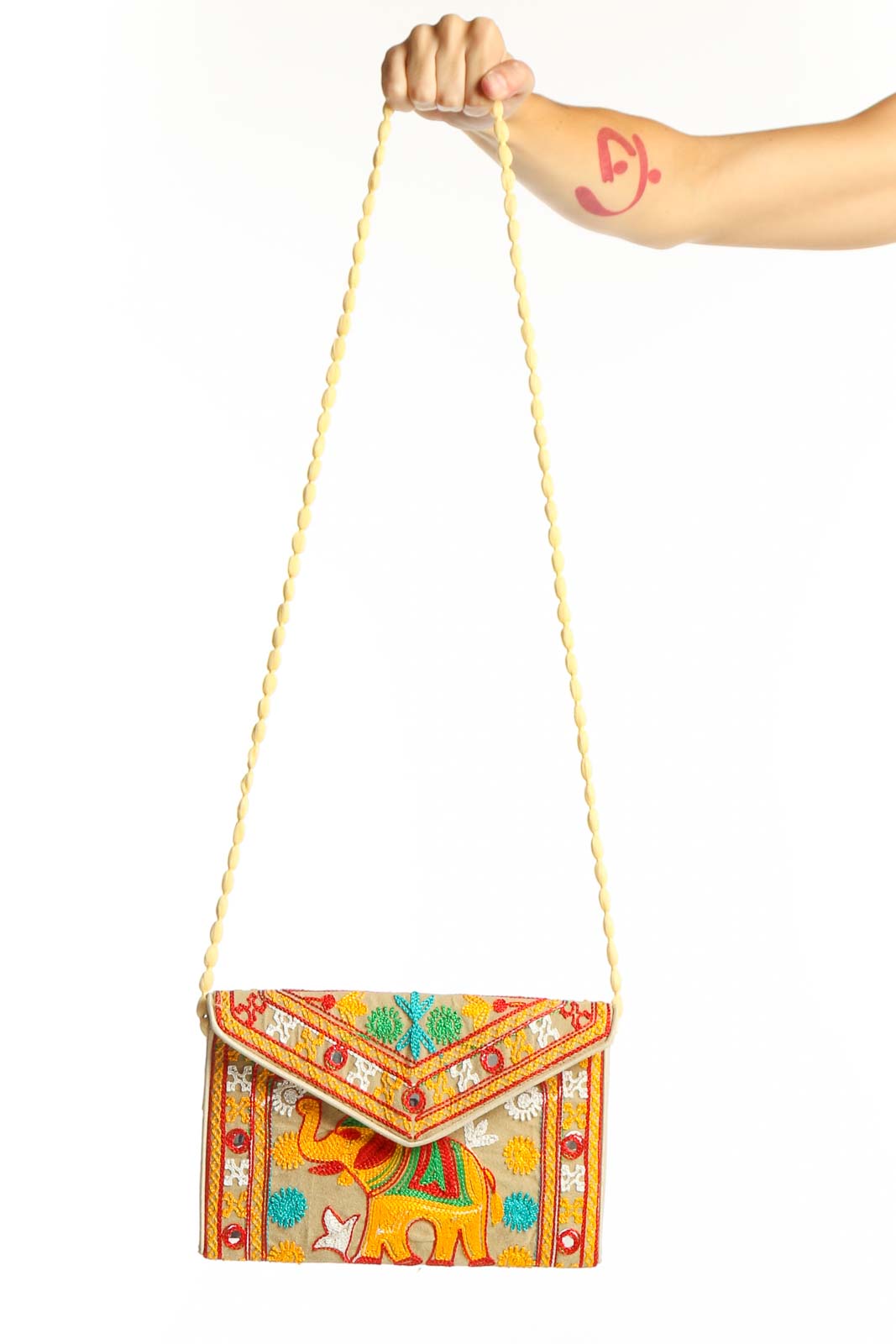 Yellow Embroidered Elephant Clutch Front