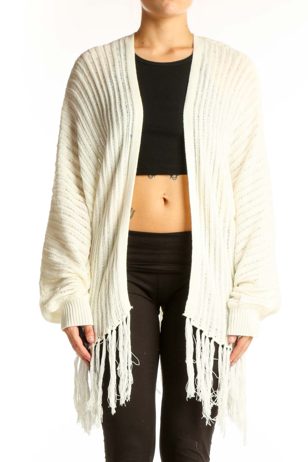 Cream Ribbed Fringe Cardigan Front