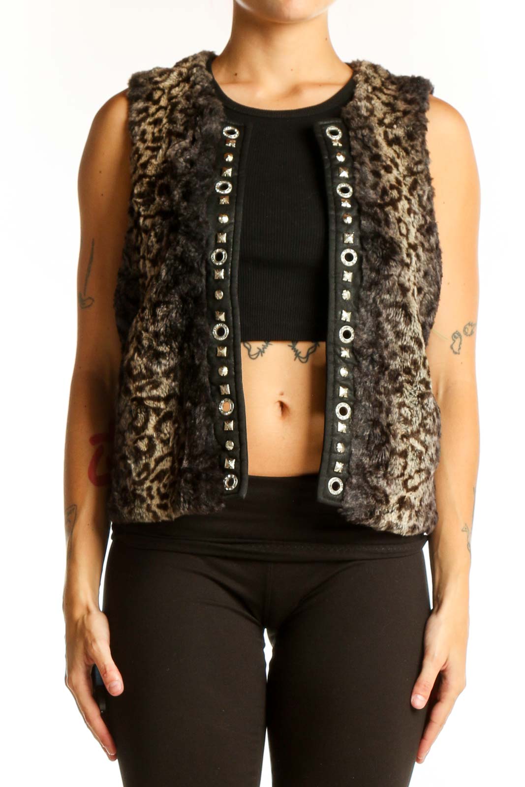 Brown Leopard Print Faux Fur Vest Front
