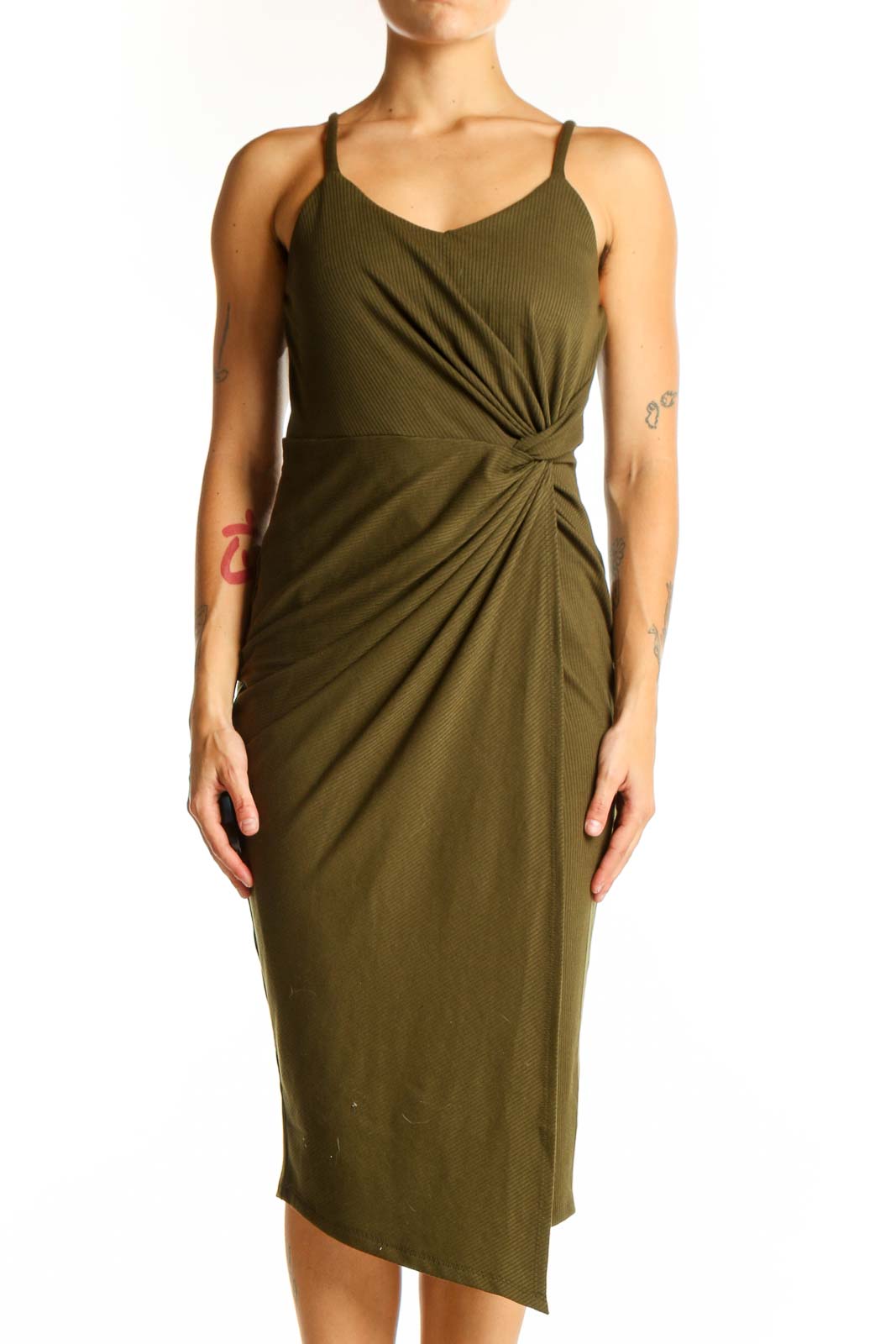Olive Twist-Front Ribbed Midi Dress Front