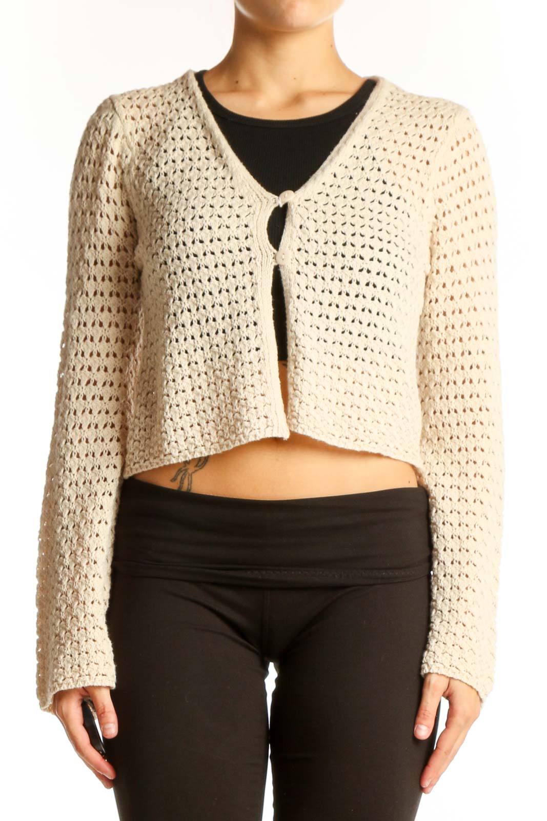 Cream Cropped Crochet Cardigan Front