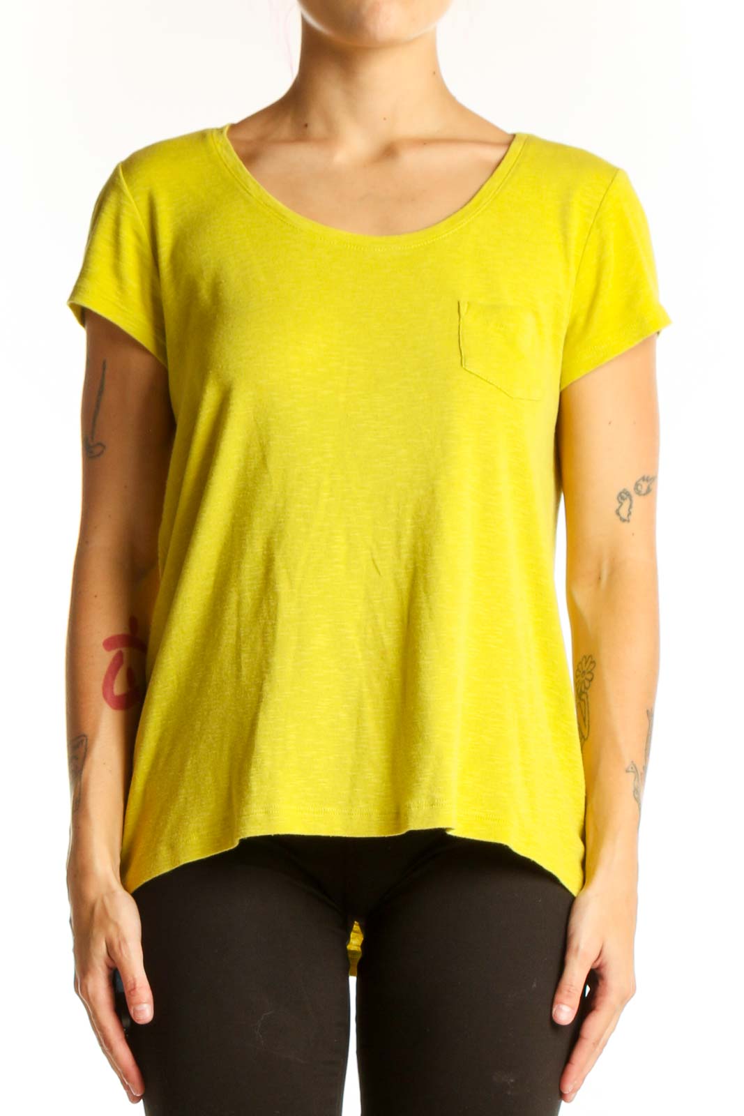 Yellow Cotton-Modal Scoop Neck T-Shirt Front