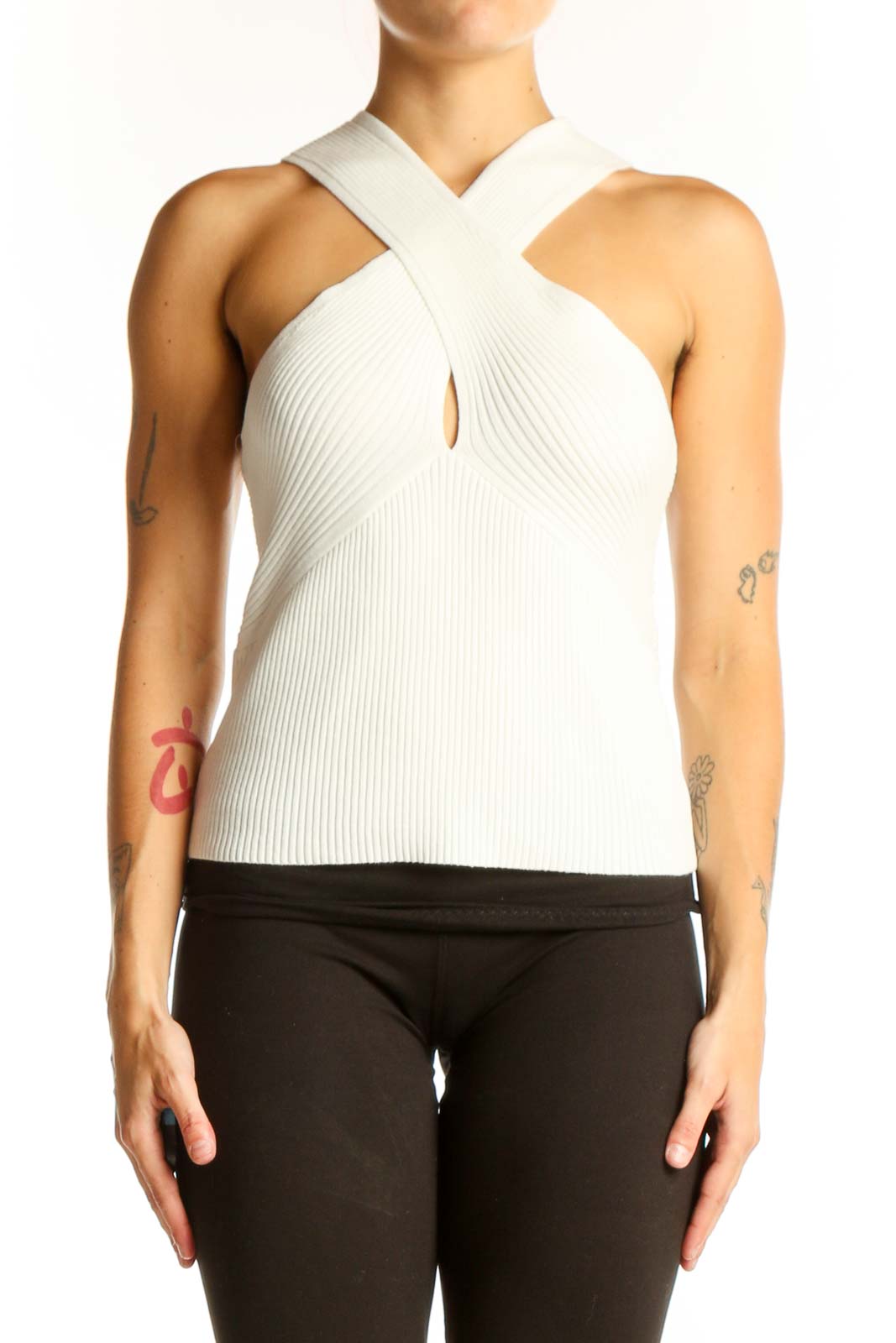 White Ribbed Crossover Halter Top Front