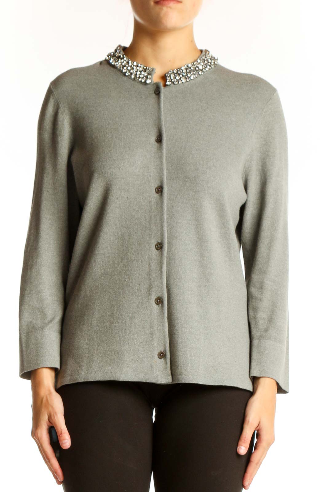 Gray Embellished Collar Cardigan Front