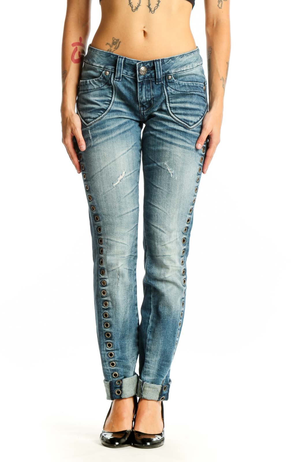 Blue Distressed Studded Skinny Jeans Front