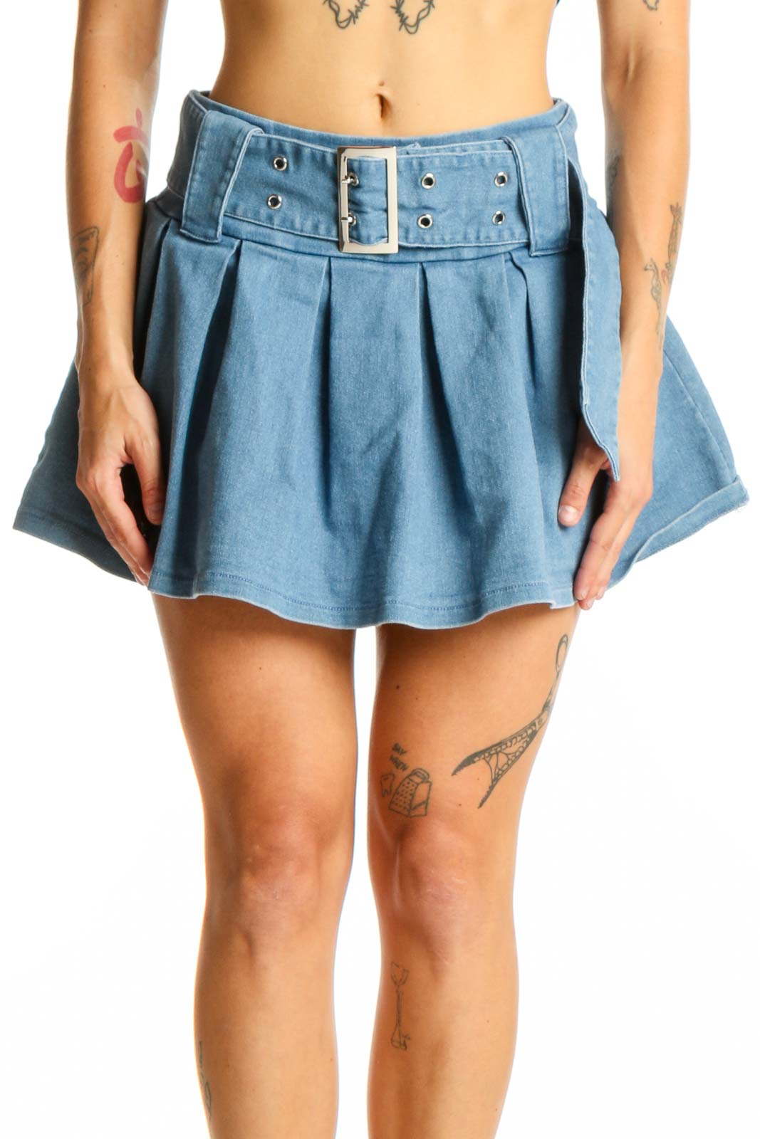 Light Blue Pleated Denim Mini Skirt Front
