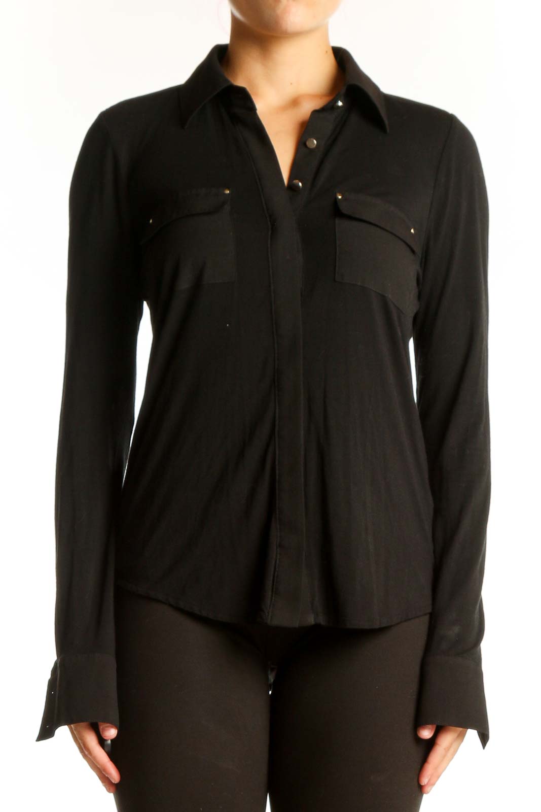 Black Rayon Blend Button-Up Shirt Front