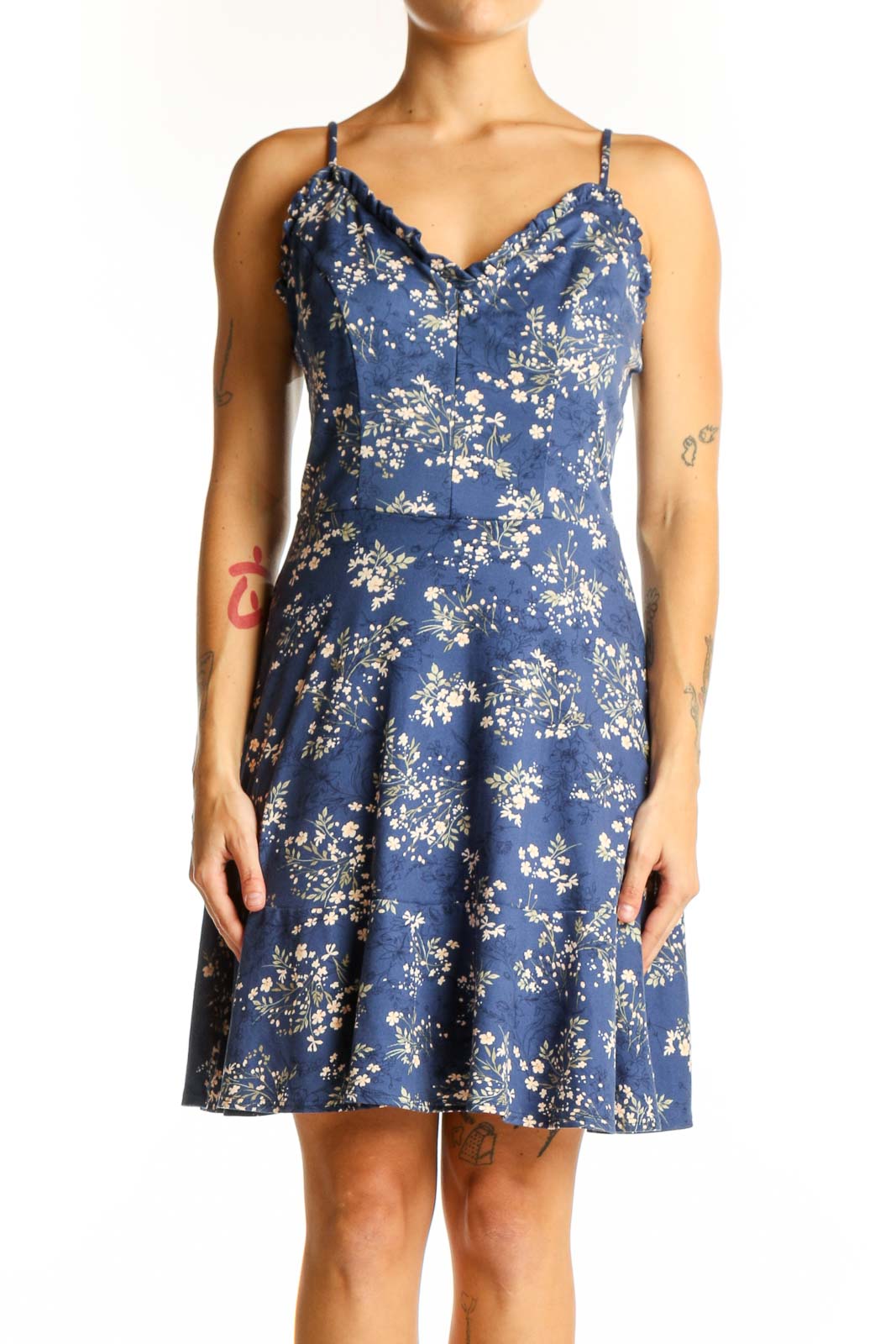 Blue Floral Spaghetti Strap Dress Front
