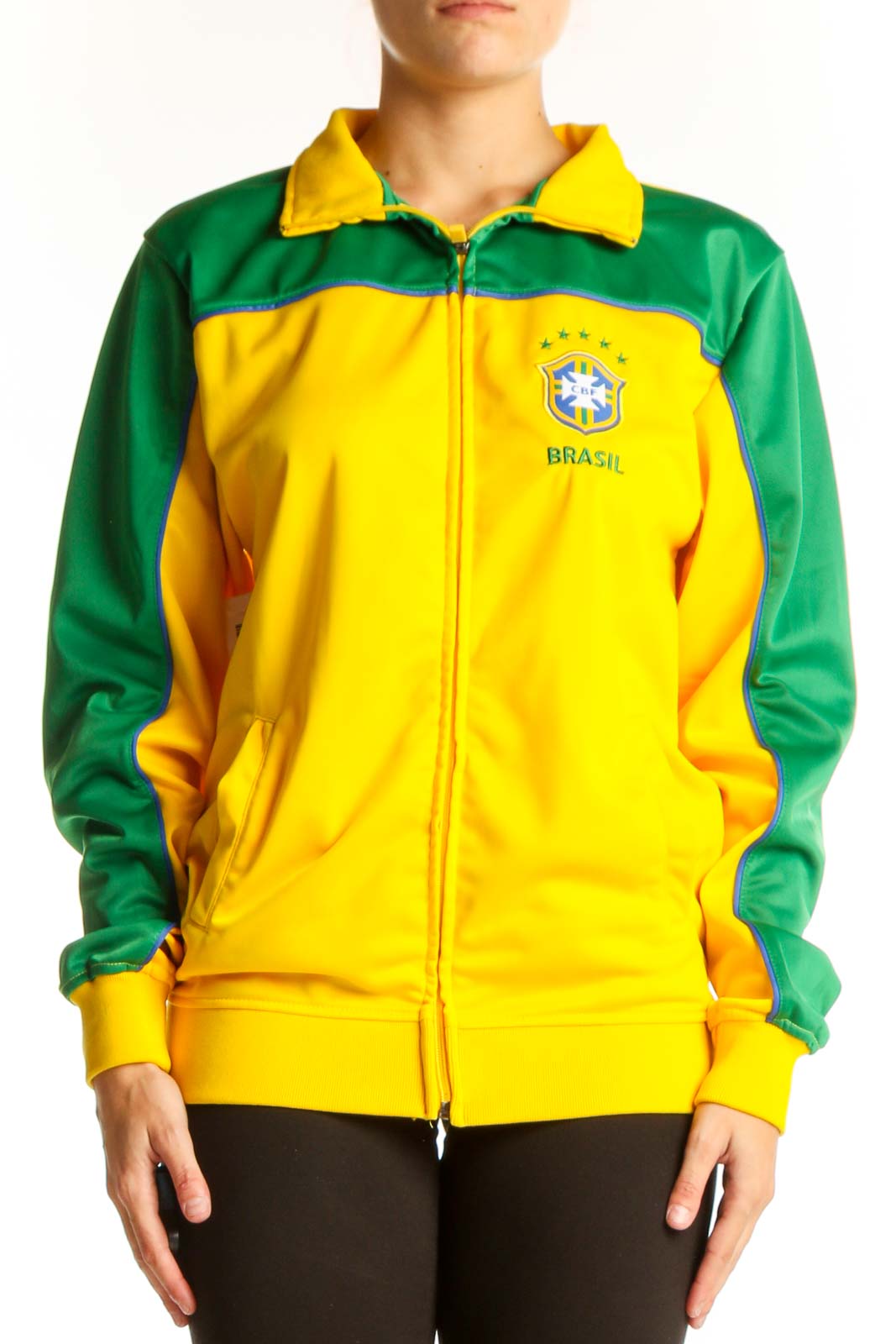 Yellow and Green Brazil Soccer Jacket Front