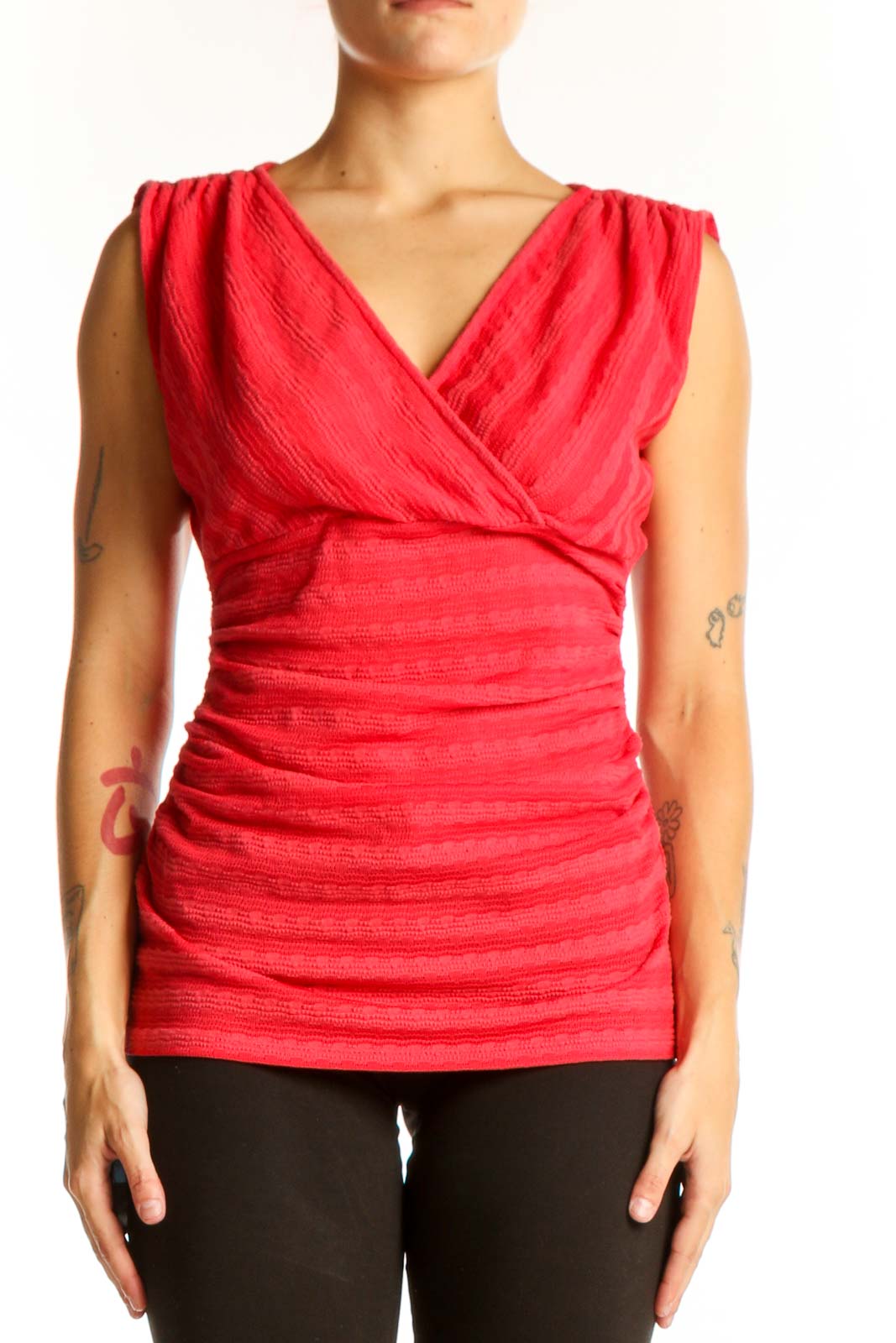 Red Ruched V-Neck Sleeveless Top Front