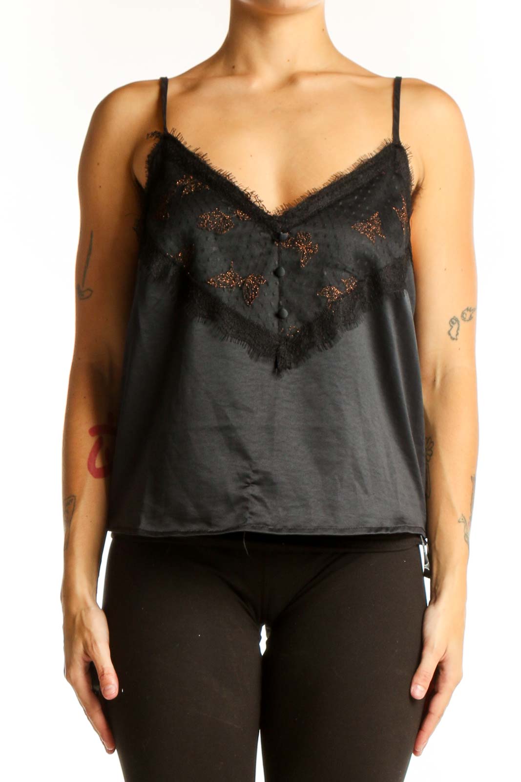 Black Lace-Trimmed Satin Camisole Top Front