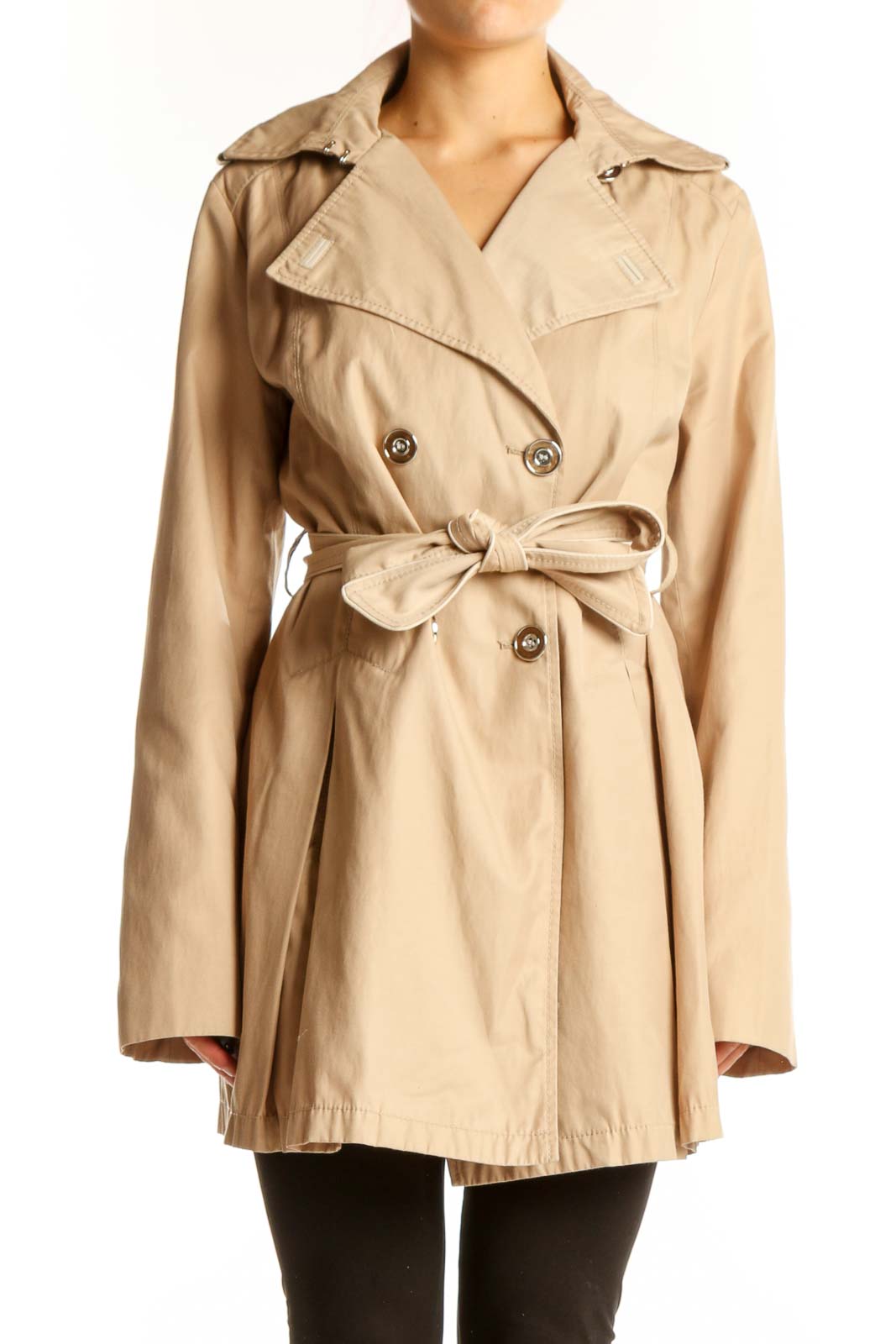 Beige Double-Breasted Belted Trench Coat Front