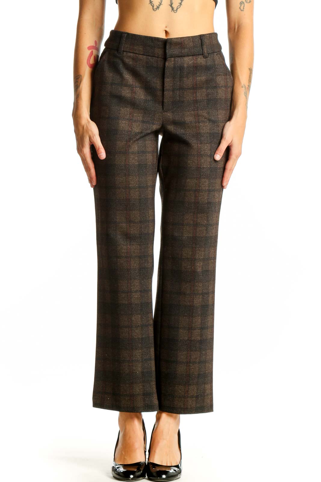 Brown Plaid Cotton-Blend Trousers Front