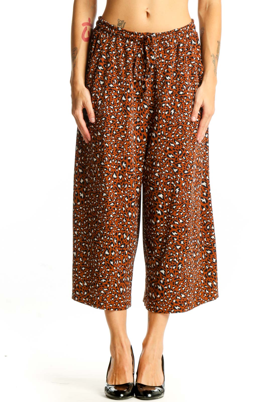 Brown Leopard Print Wide-Leg Cropped Pants Front