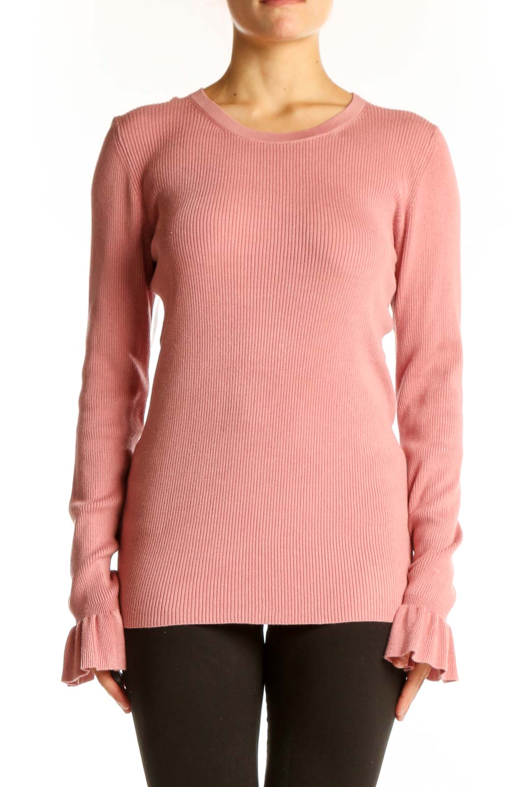 Pink Ribbed Bell-Sleeve Sweater Front