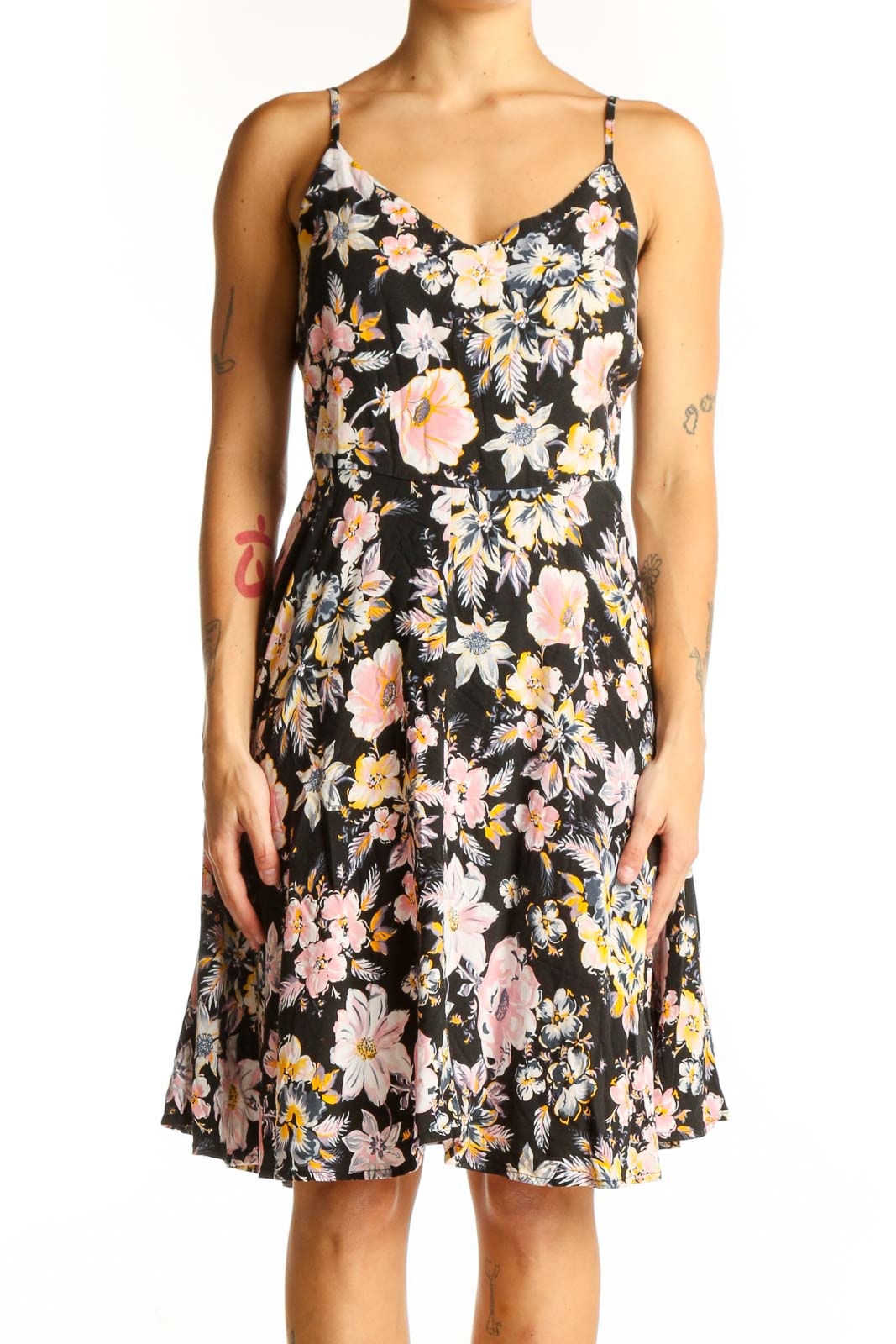 Black Floral Rayon Spaghetti Strap Dress Front