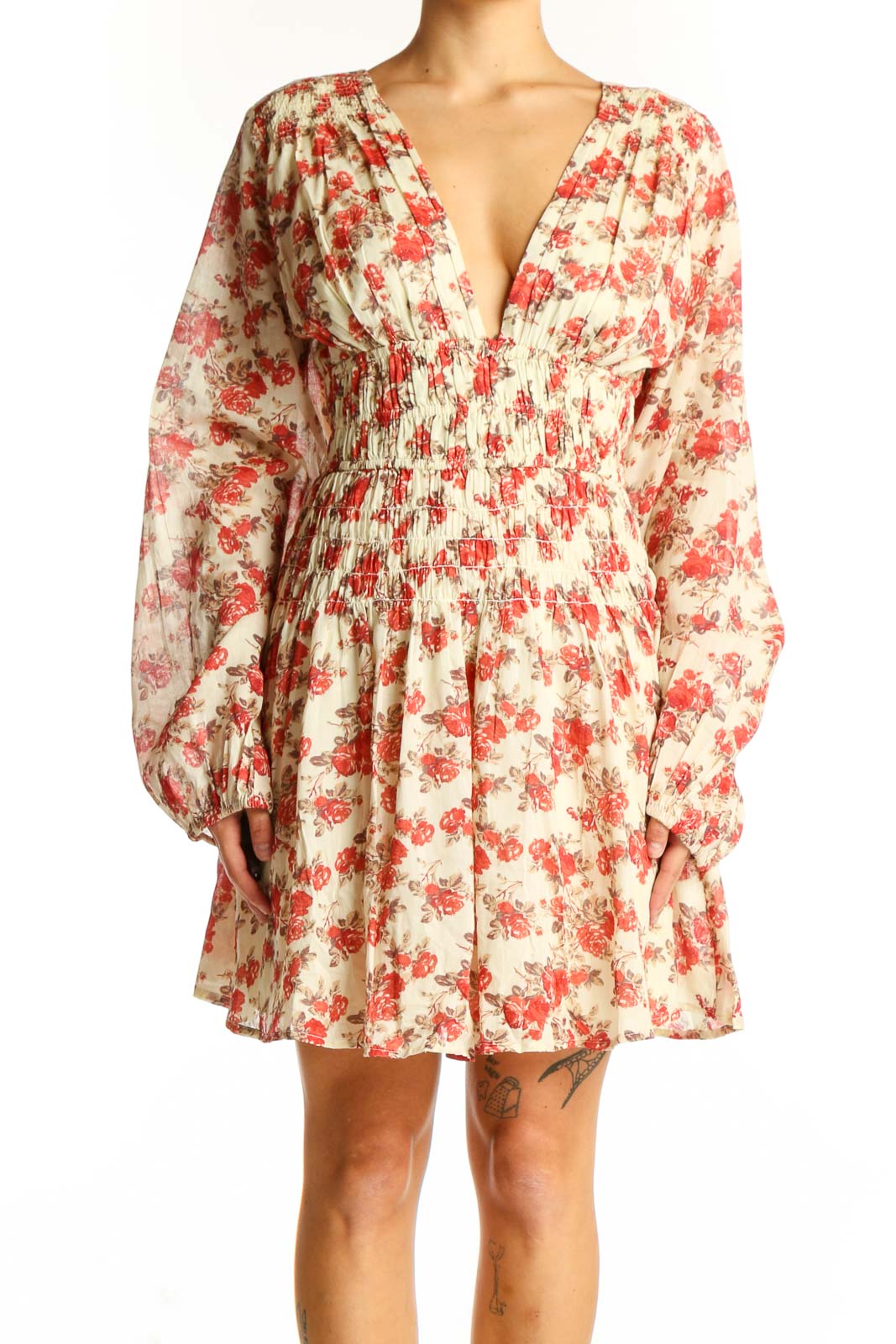 Cream Floral Print Smocked Mini Dress Front