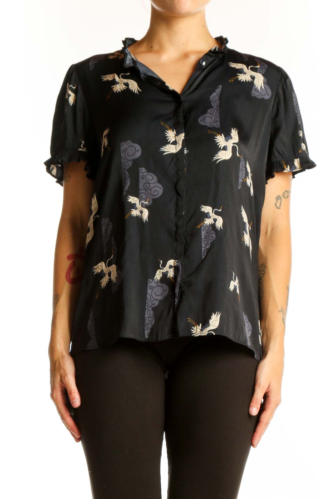 Black Floral Print Short-Sleeve Blouse Front