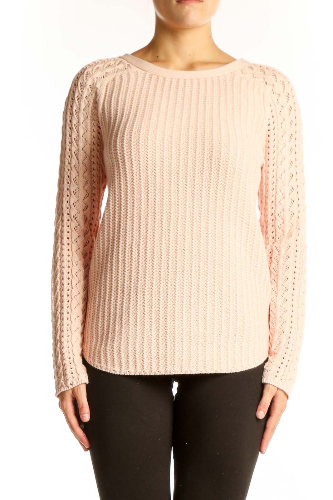 Blush Ribbed Cotton Sweater with Lace Sleeves Front