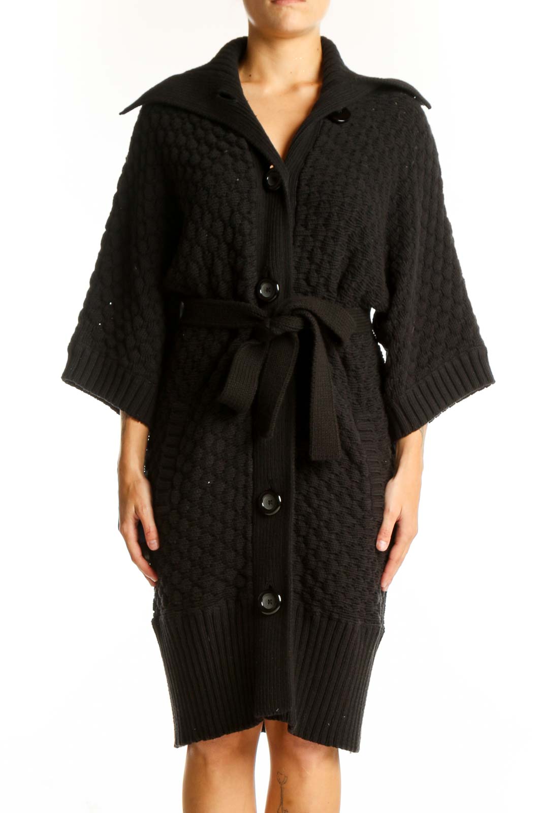 Black Knitted Belted Cardigan Coat Front