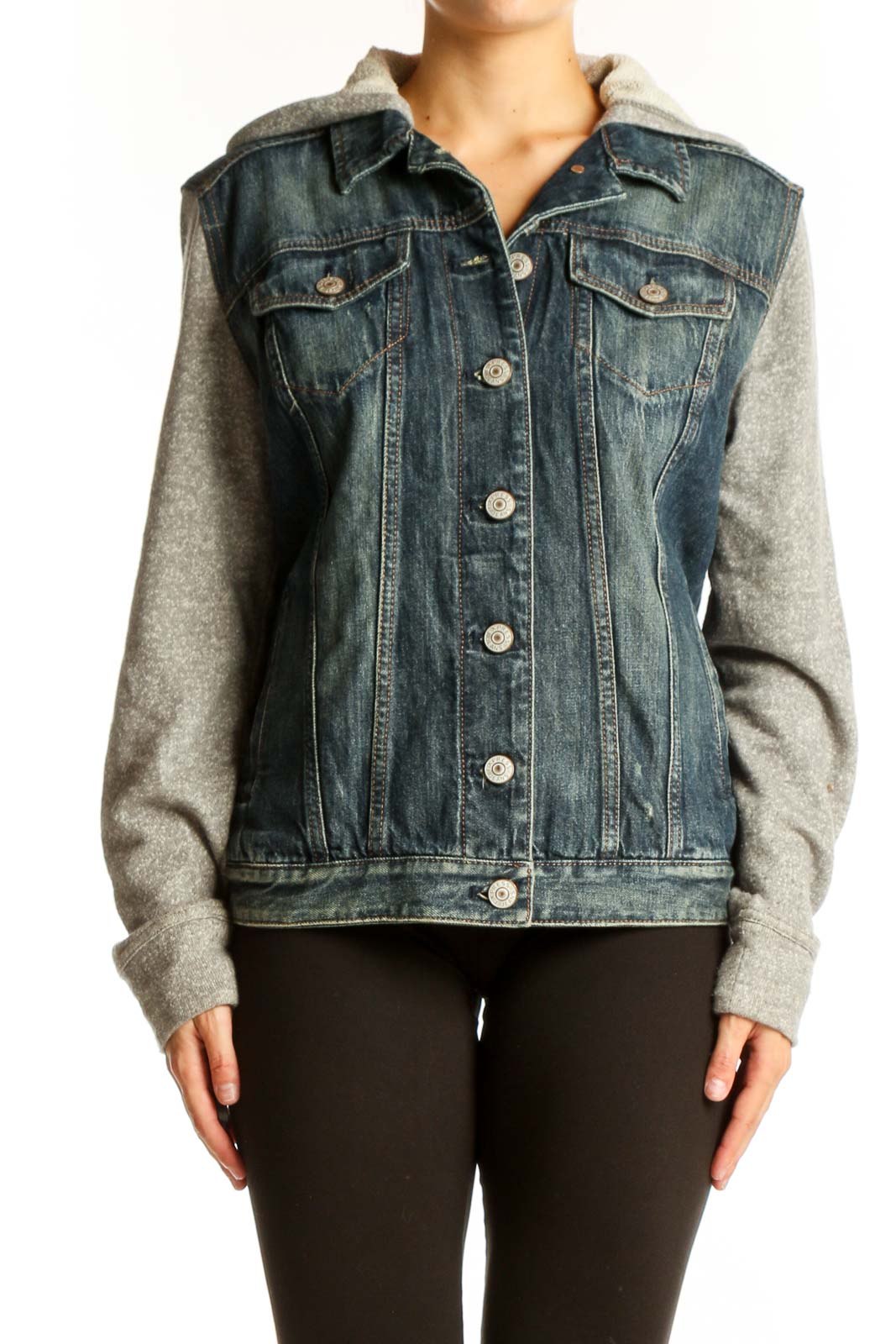 Blue Denim Jacket with Gray Knit Sleeves Front