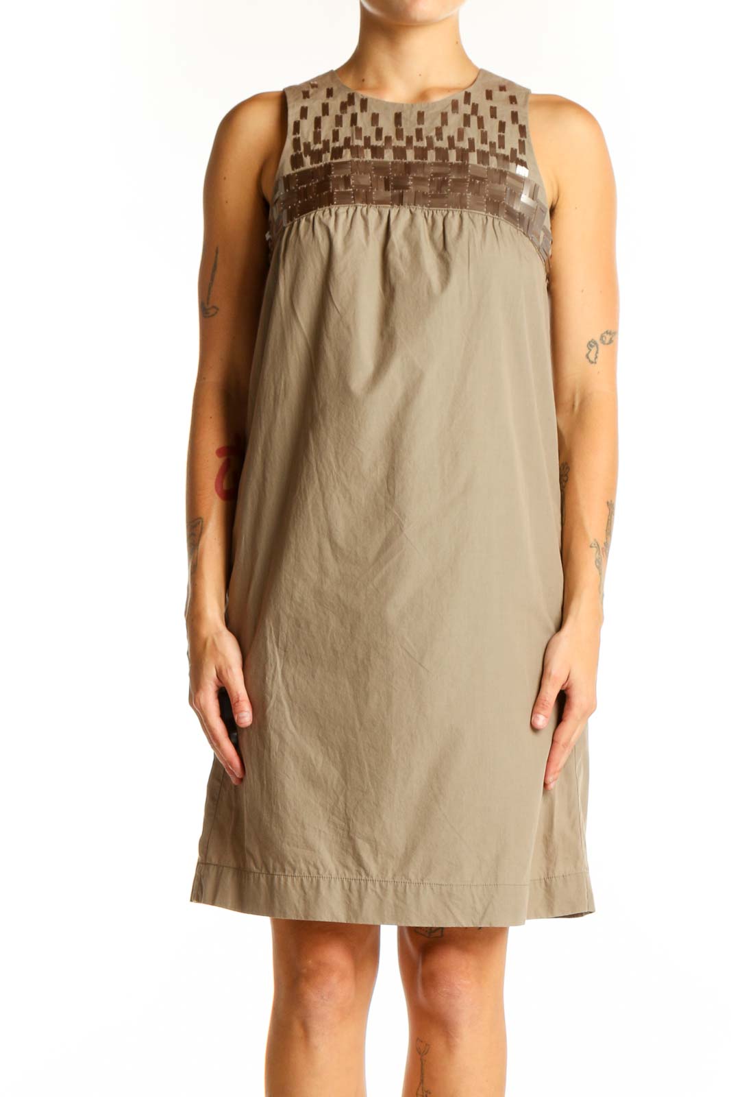 Beige Cotton Sleeveless Shift Dress Front