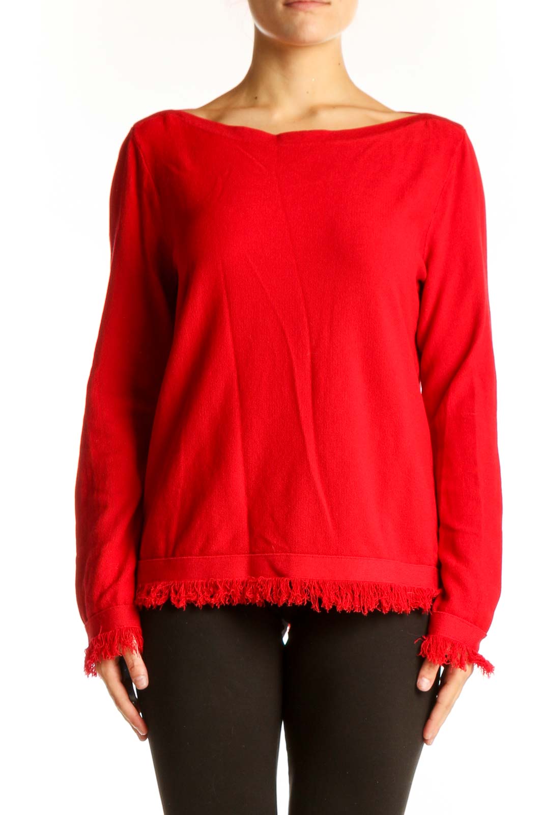 Red Fringe-Trim Boatneck Sweater Front