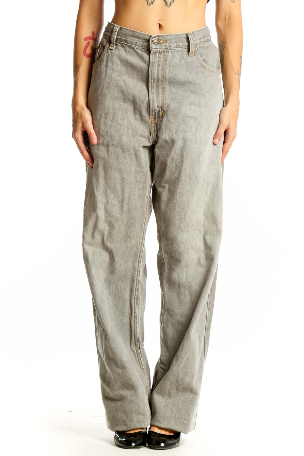 Light Gray Wide-Leg Denim Jeans Front