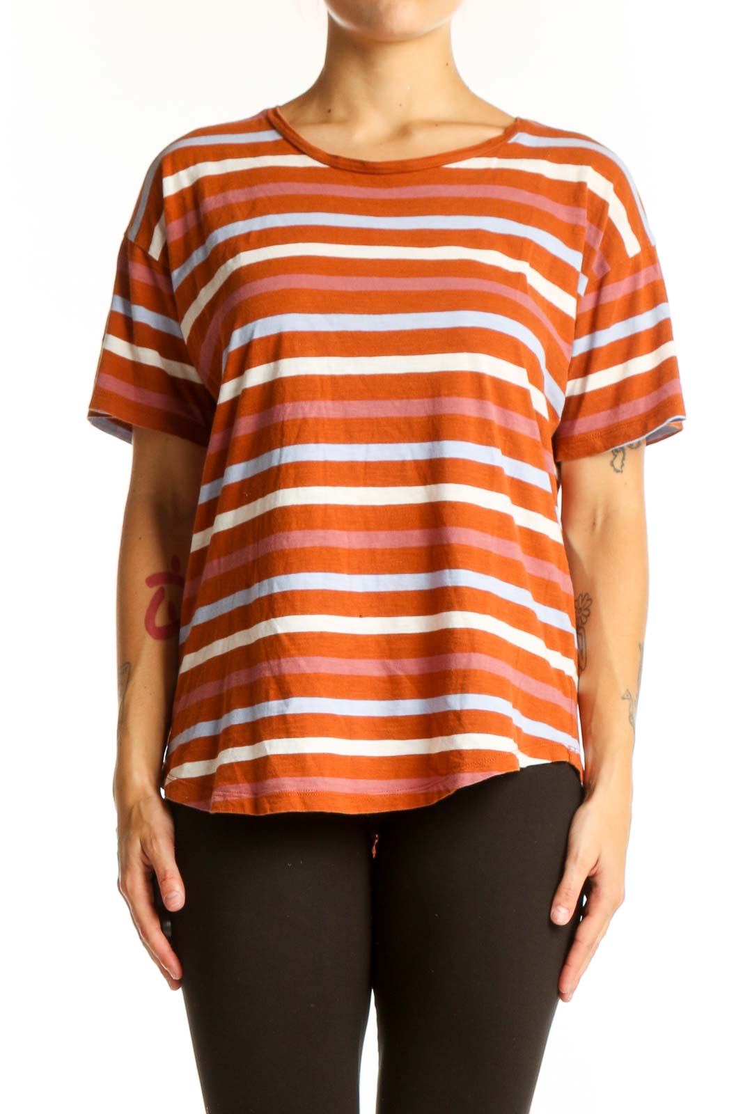 Orange Striped Short-Sleeve Crewneck Tee Front