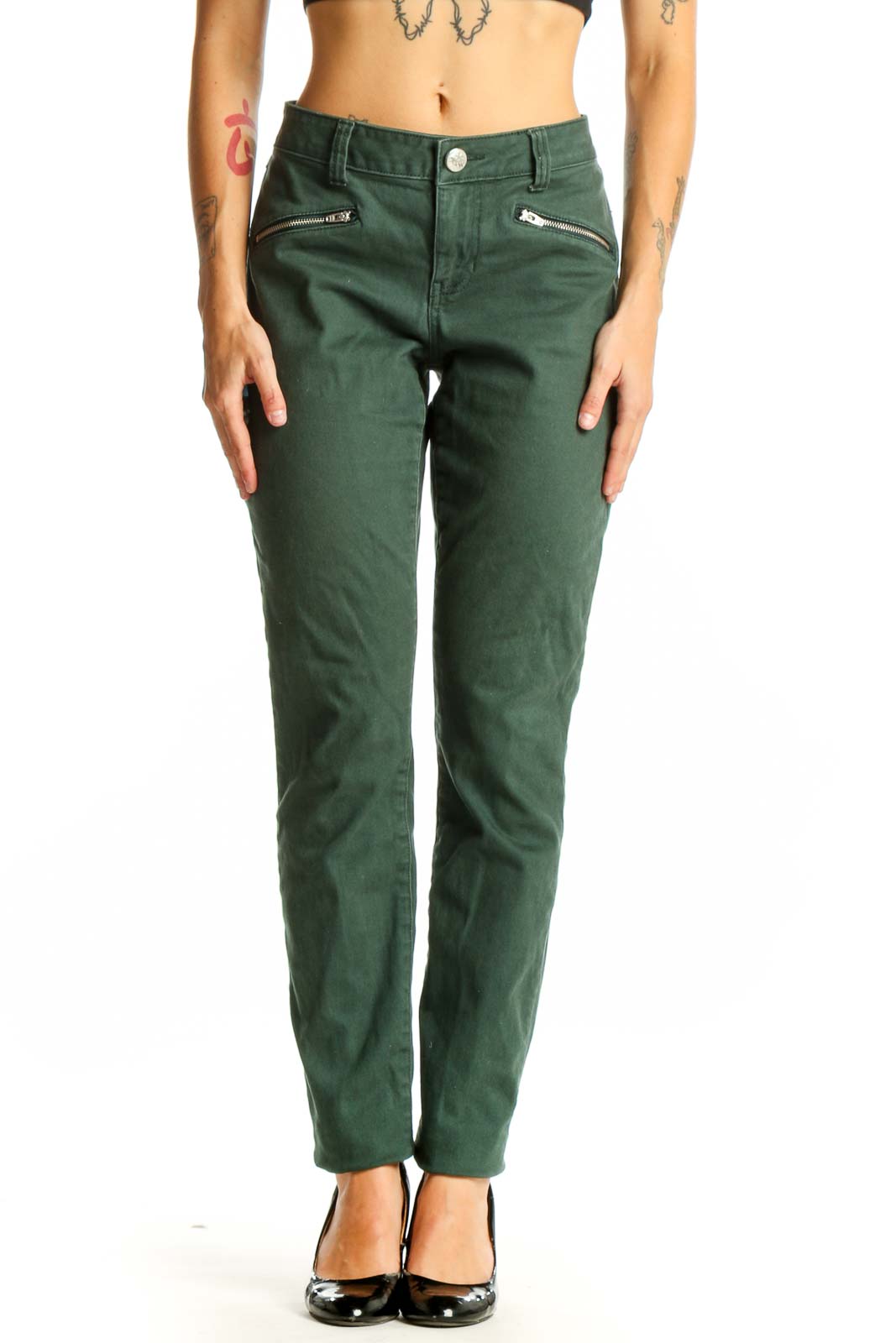 Green Cotton Blend Straight Leg Jeans Front