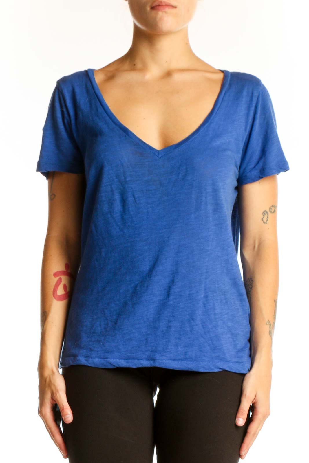 Blue Cotton V-Neck Short Sleeve Top Front