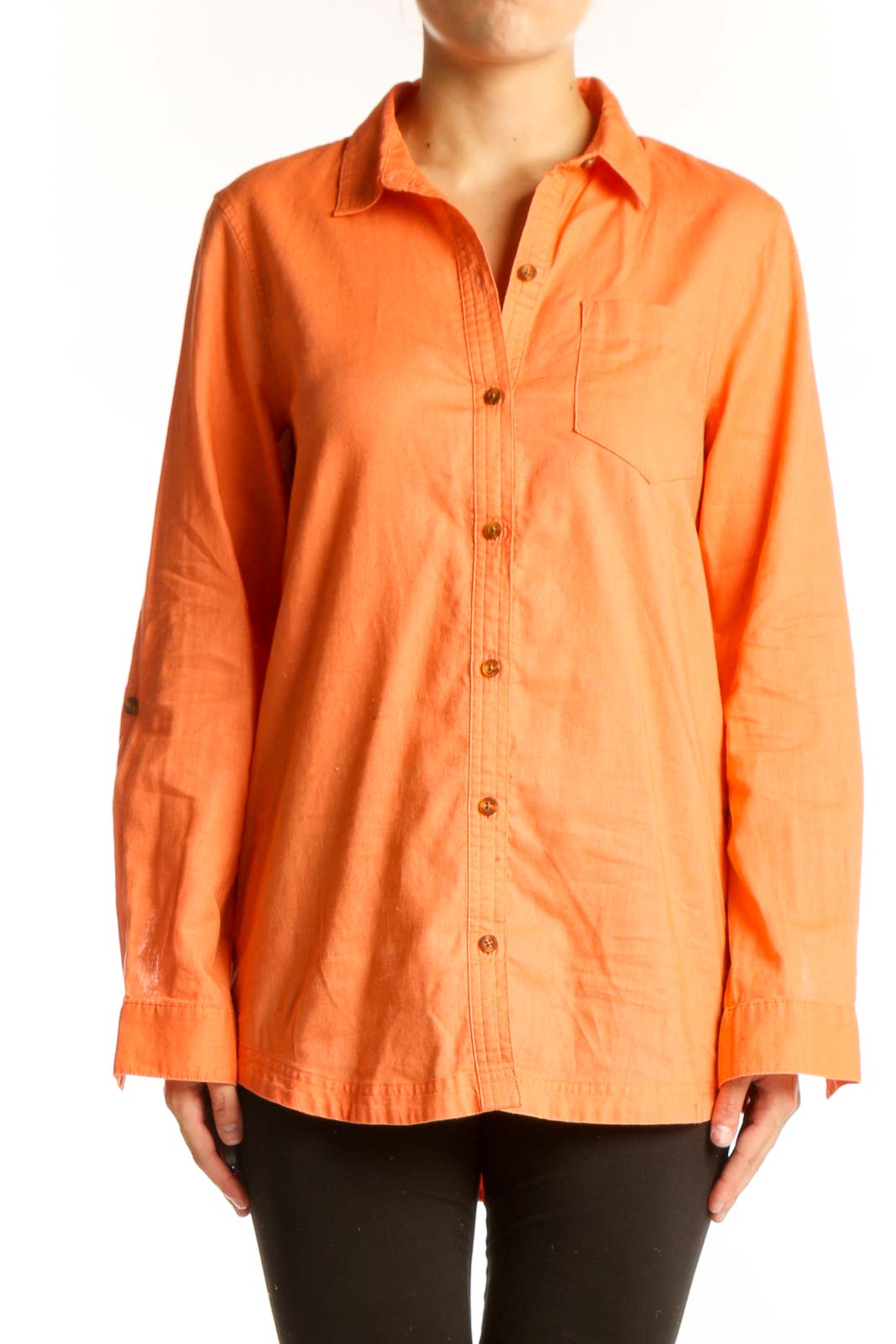 Orange Cotton-Linen Blend Button-Up Shirt Front