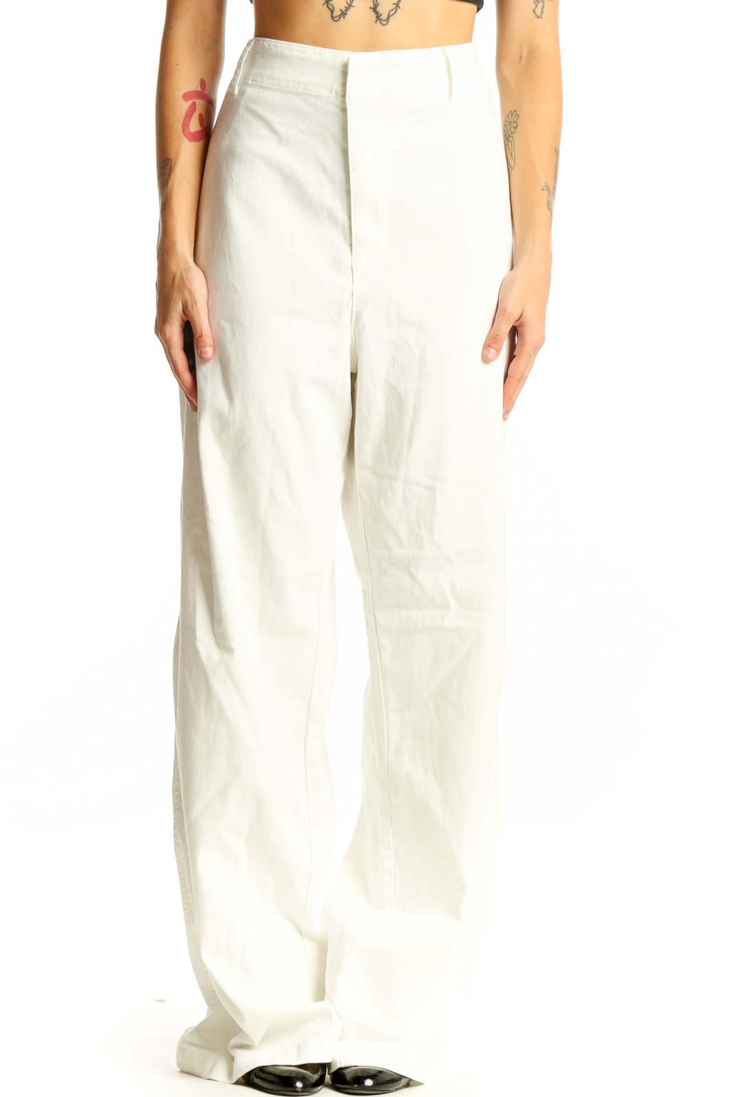 White Wide-Leg Cotton Blend Trousers Front