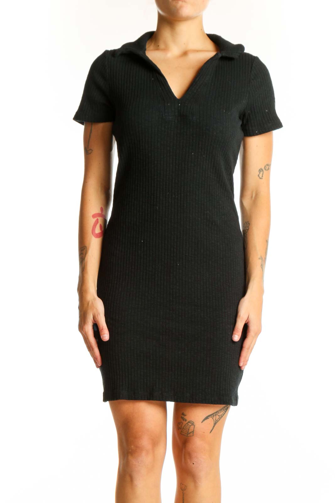 Black Ribbed Knit Polo Dress Front
