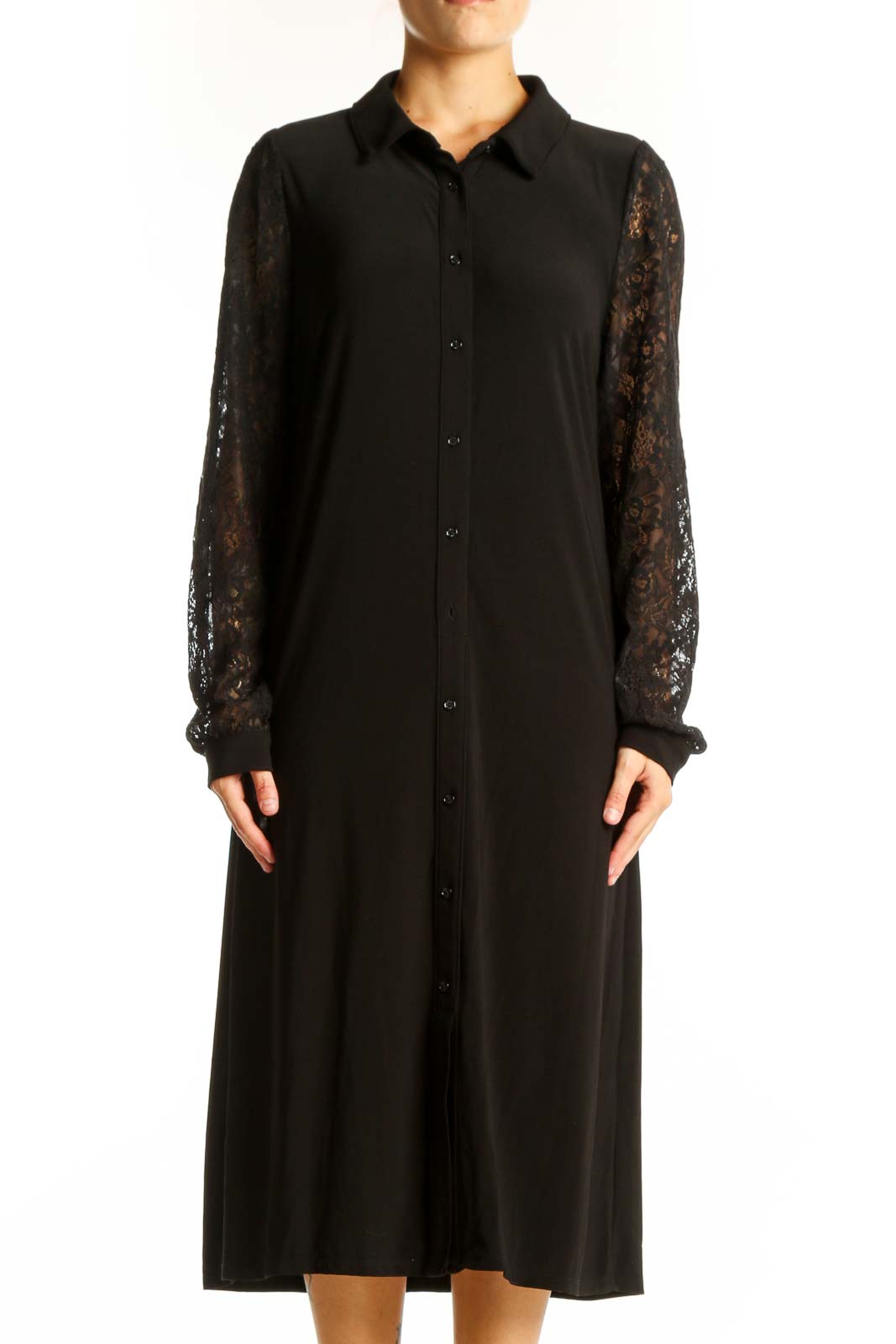 Black Lace-Sleeve Button-Down Midi Dress Front