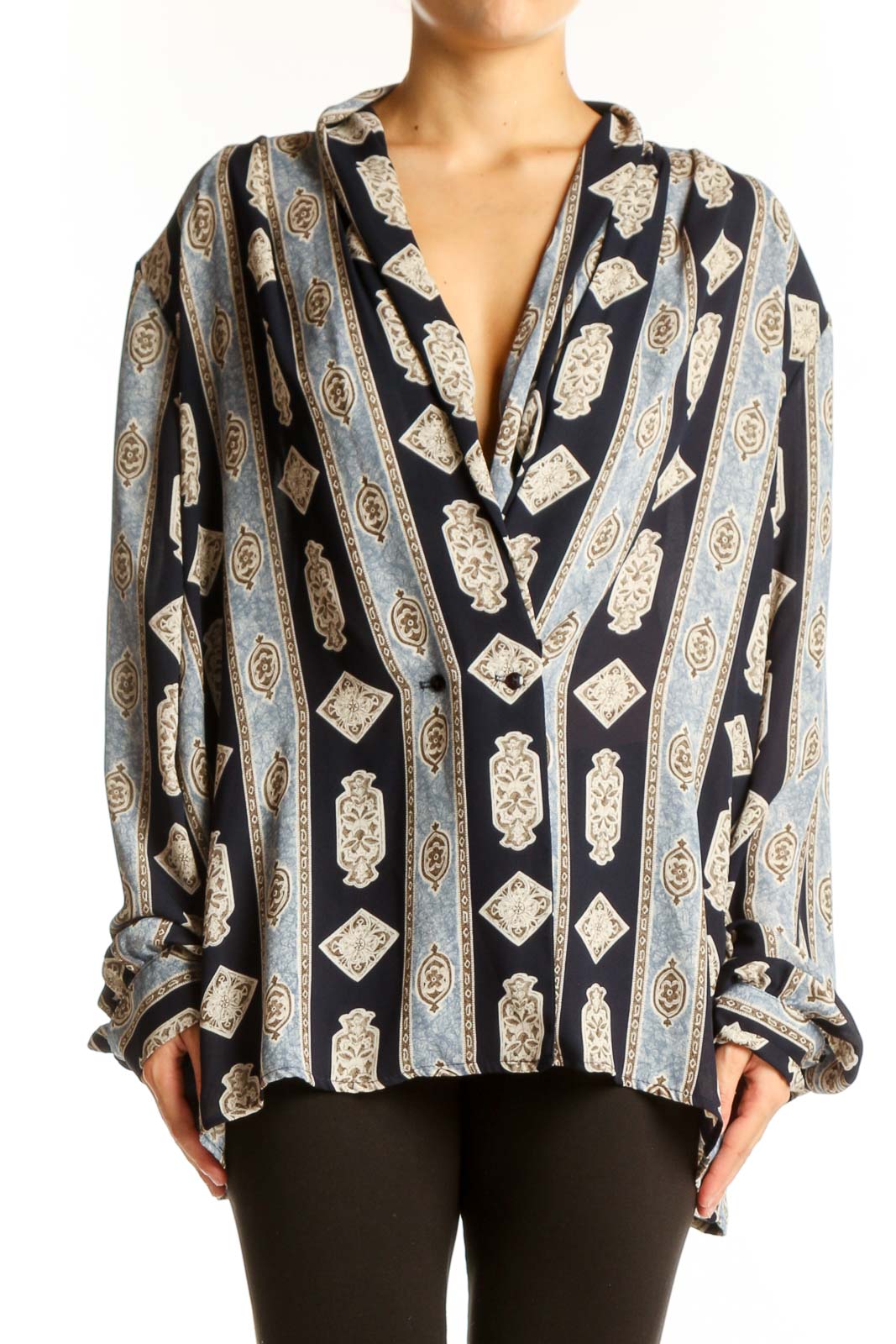 Black and Gray Geometric Print Blouse Front