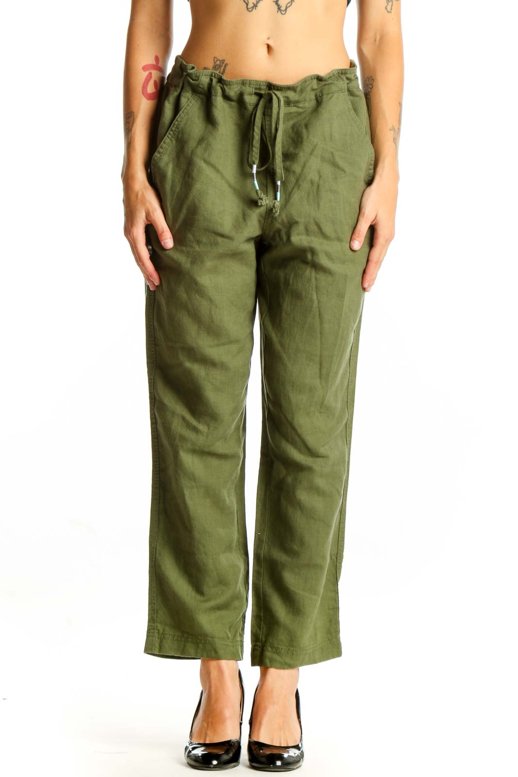 Olive Green Linen-Lyocell Drawstring Pants Front
