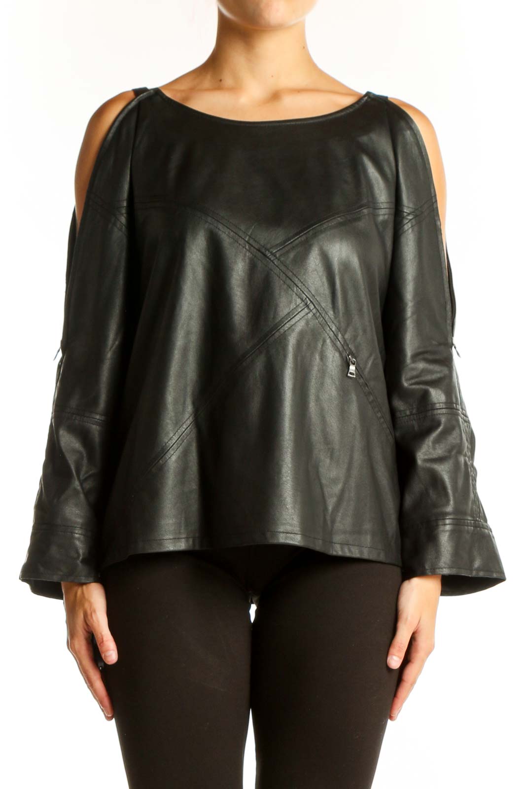 Black Leather Cold Shoulder Top Front