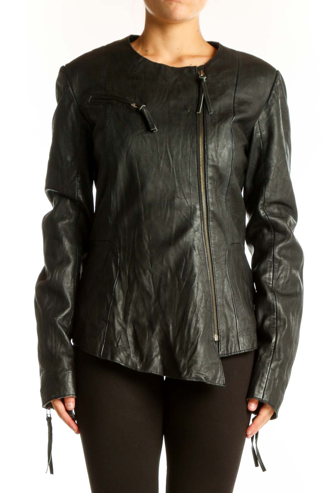Black Asymmetric Leather Biker Jacket Front