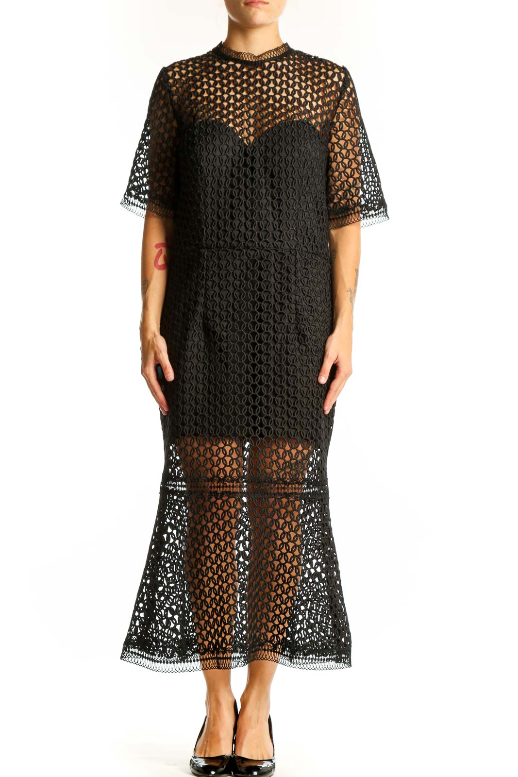 Black Lace Overlay Midi Dress Front