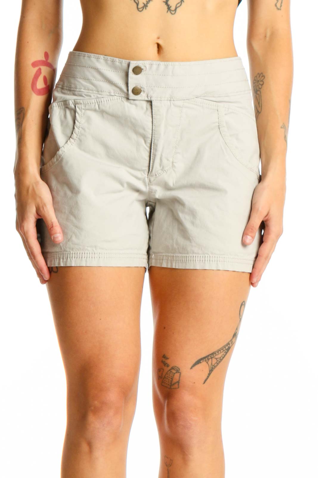 Beige Cotton-Blend Casual Shorts Front