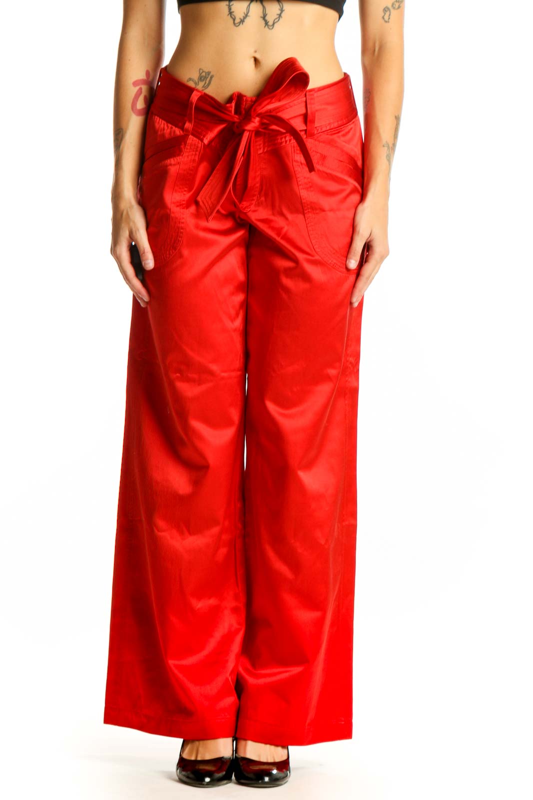 Red Satin Wide-Leg Bow-Tie Pants Front