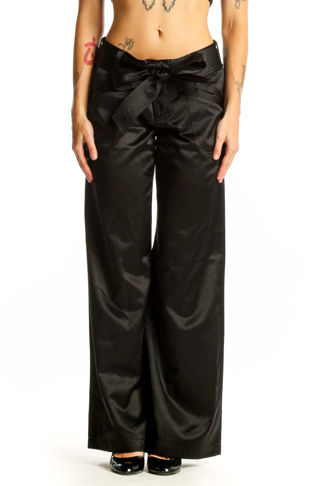 Black Satin Wide-Leg Dress Pants Front