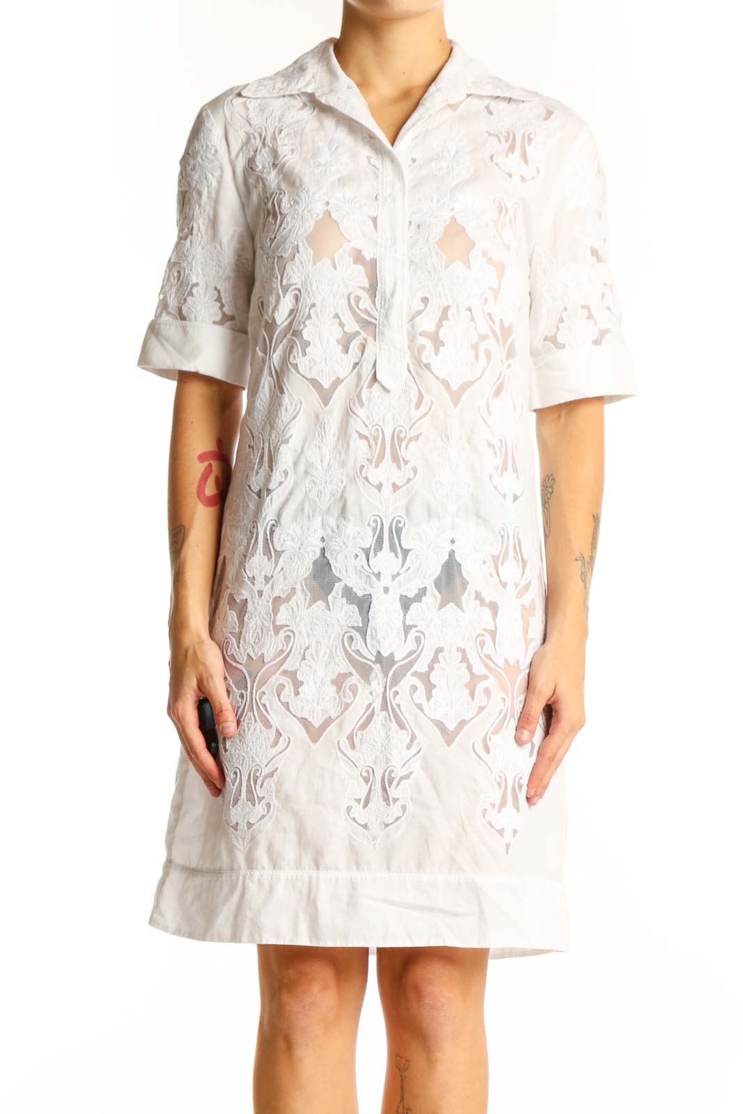 White Lace Overlay Shirt Dress Front
