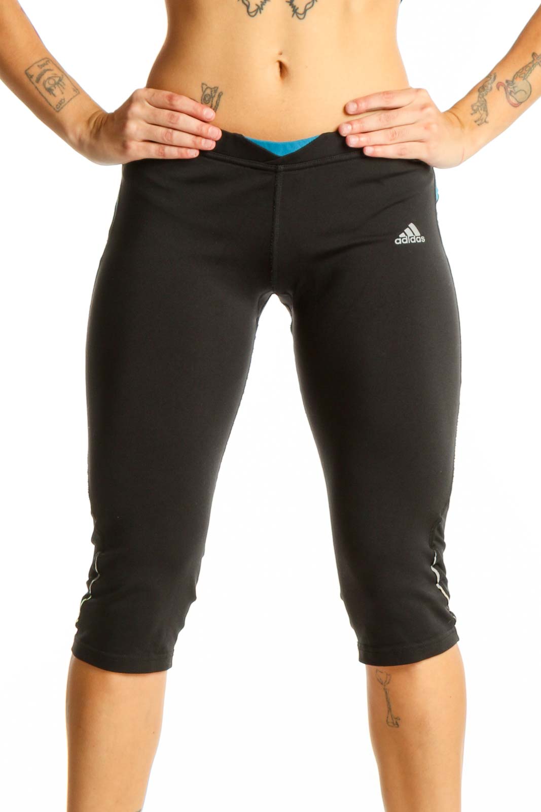 Black Adidas Capri Leggings with Blue Accents Front