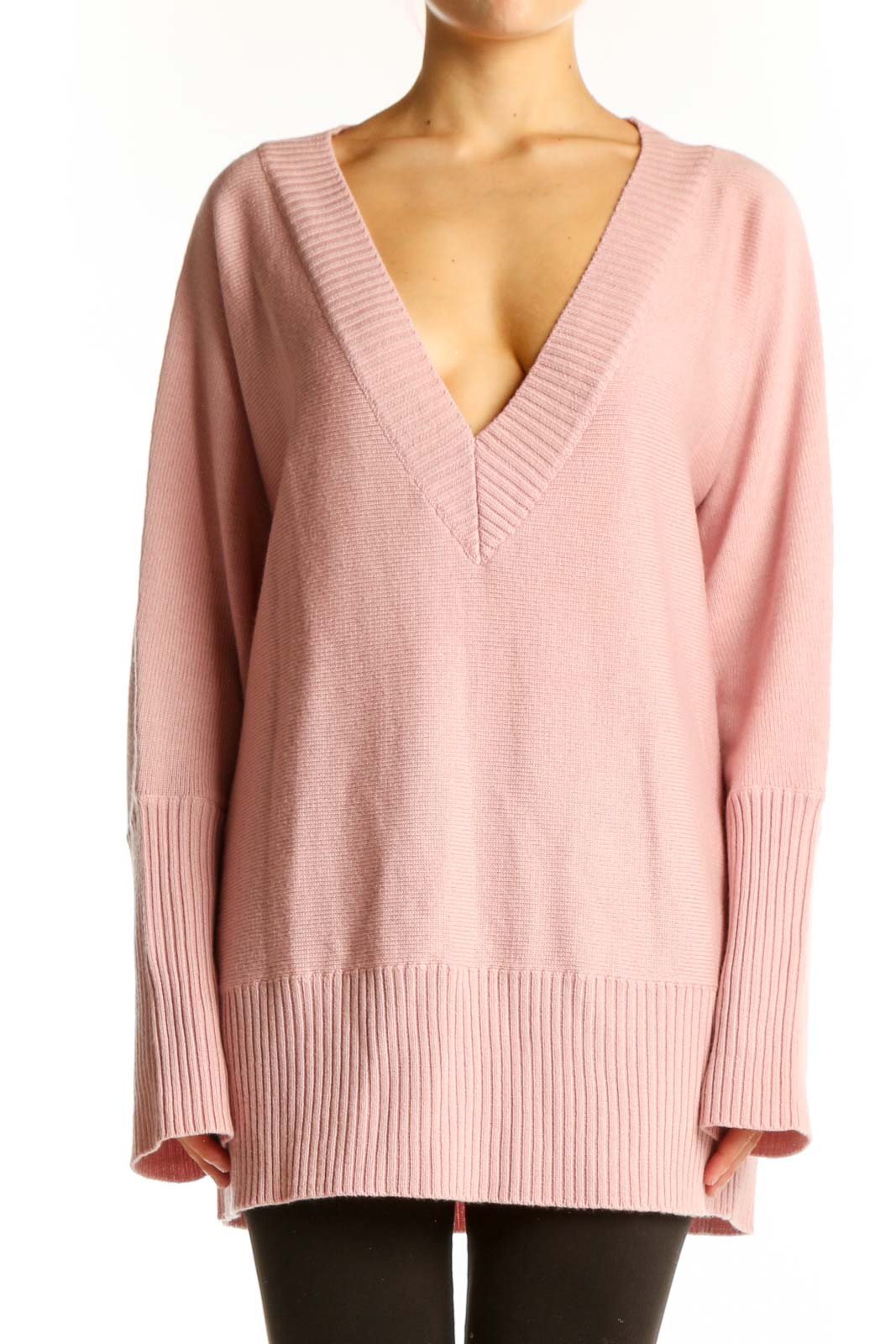 Pink Merino Wool V-Neck Sweater Front