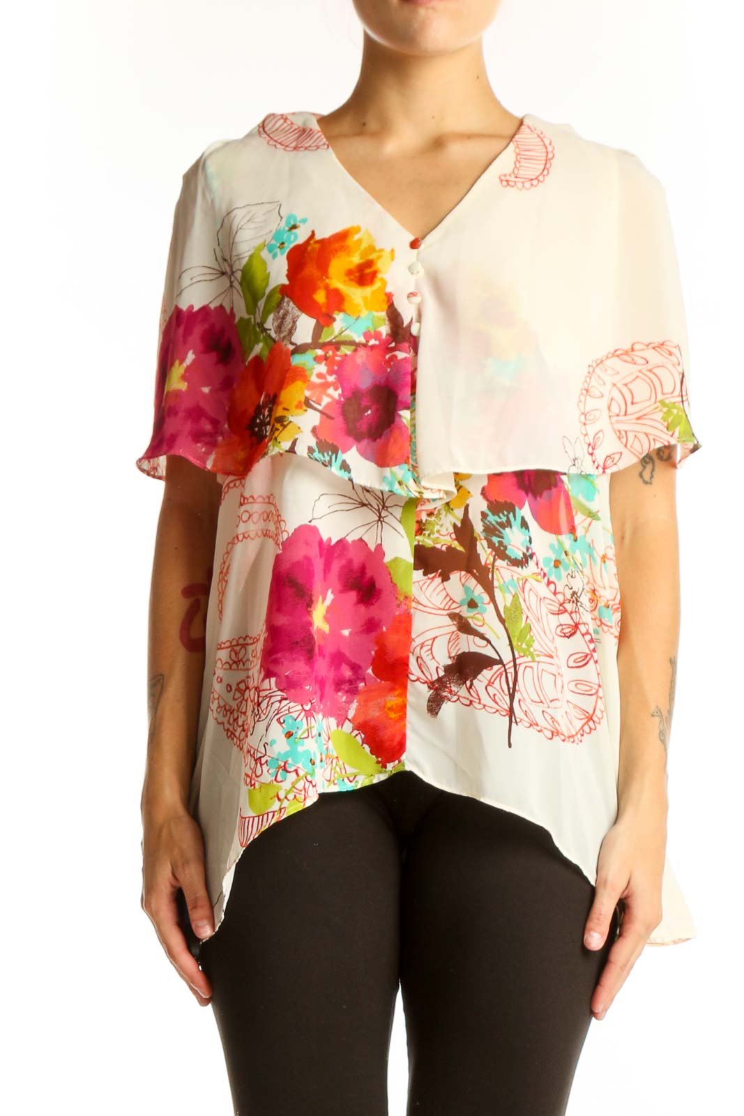 White Floral Print Layered Blouse Front