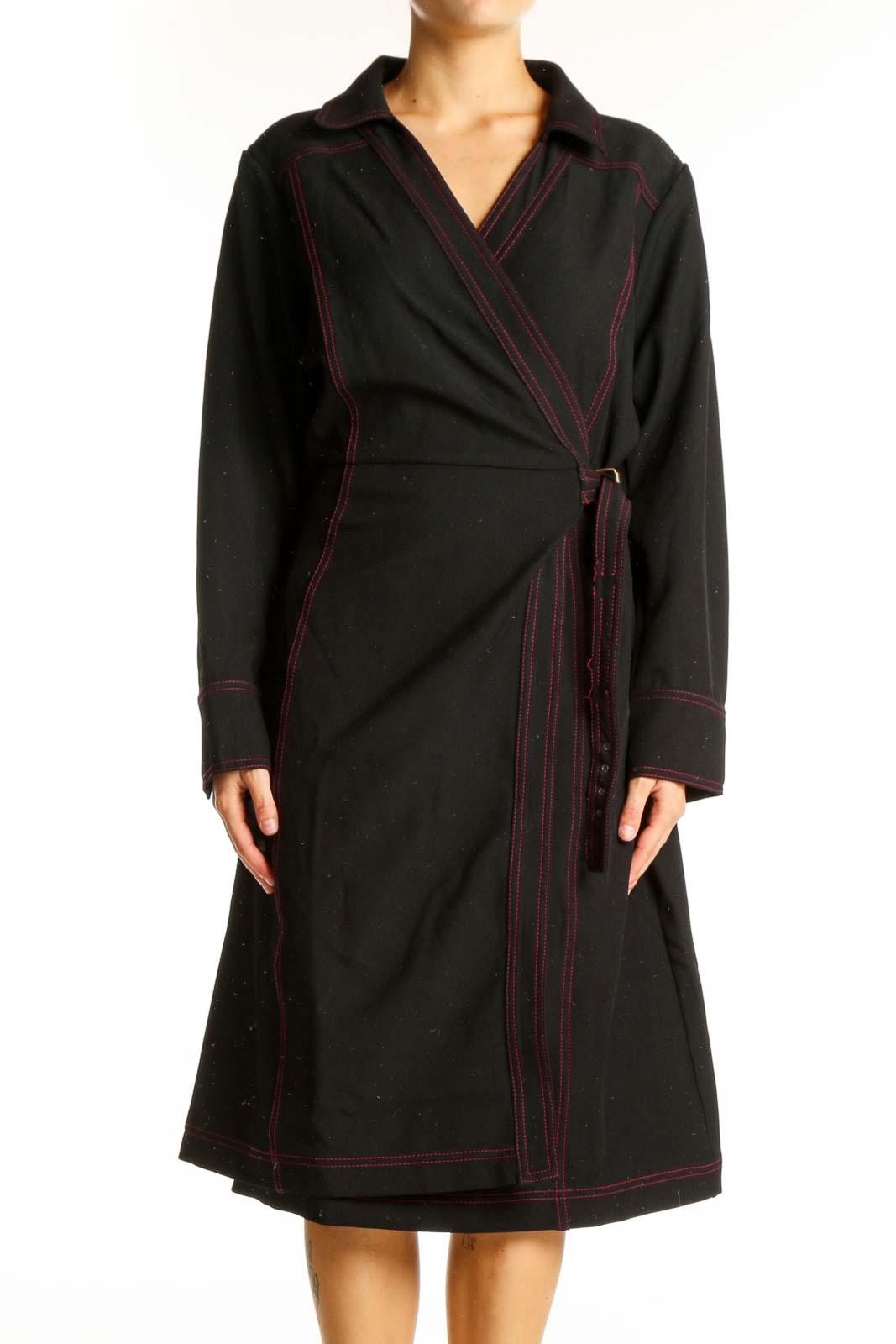 Black Wrap Dress with Red Stitching Front